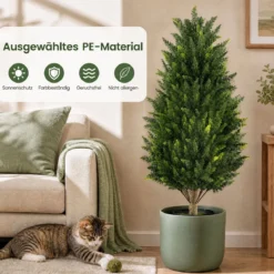 Kunstbaum Zypresse 92 cm Kunstpflanze mit Moos & Zement Gefülltem Topf wetterfest 2 Stücke