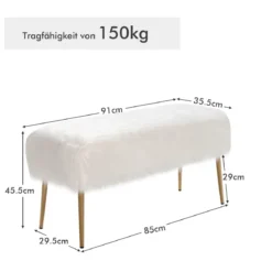 Kunstfell Schminkhocker mit Goldenen Beinen Ottomane für Eingangsbereich & Schlafzimmer Weiß