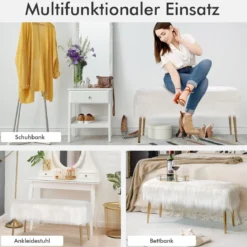 Kunstfell Schminkhocker mit Goldenen Beinen Ottomane für Eingangsbereich & Schlafzimmer Weiß
