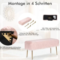 Kunstfell Schminkhocker Ottomane Sitzbank mit goldenen Beinen Sitzhocker Rosa 91 x 35,5 cm
