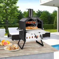 2-lagigem Pizza Ofen mit Grillrost & Pizzastein & Pizzaschaufel & Wasserdichter Abdeckung