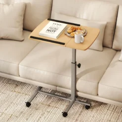 Laptoptisch mit 5 Rollen Beistelltisch Notebooktisch Höhe/Winkel verstellbar Rollentisch mit Bremsen 60×40×71-91cm Natur