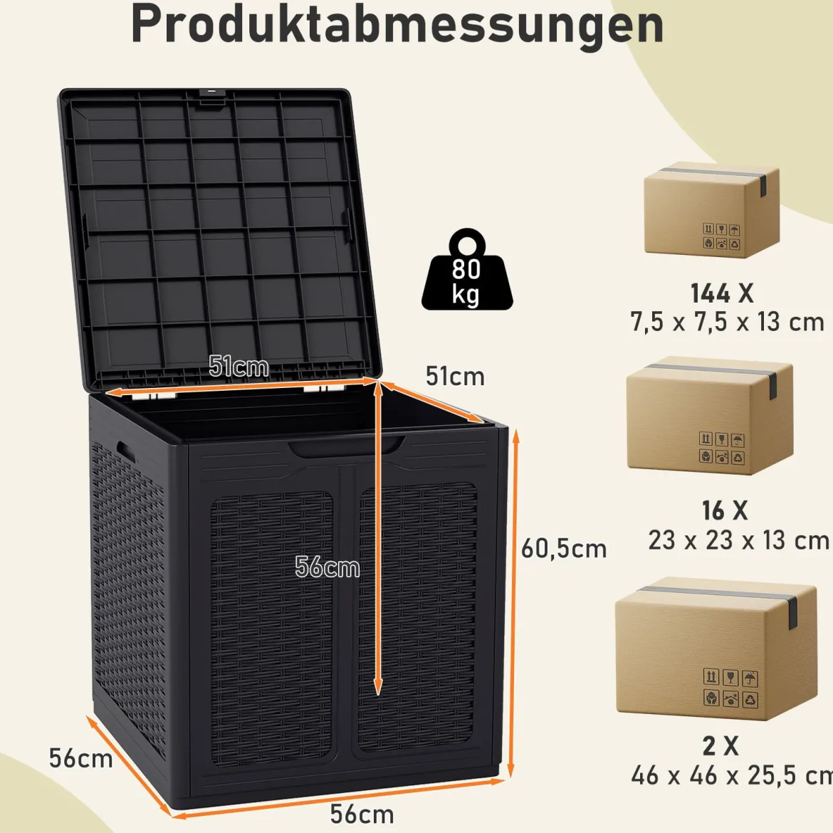 145 L Aufbewahrungsbox mit PP-Deckel & Rattanmuster Outdoor Aufbewahrungsbehälter Schwarz