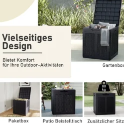 145 L Aufbewahrungsbox mit PP-Deckel & Rattanmuster Outdoor Aufbewahrungsbehälter Schwarz