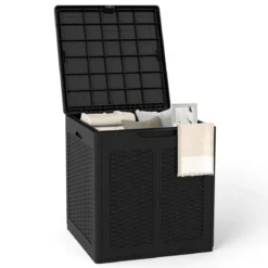 145 L Aufbewahrungsbox mit PP-Deckel & Rattanmuster Outdoor Aufbewahrungsbehälter Schwarz
