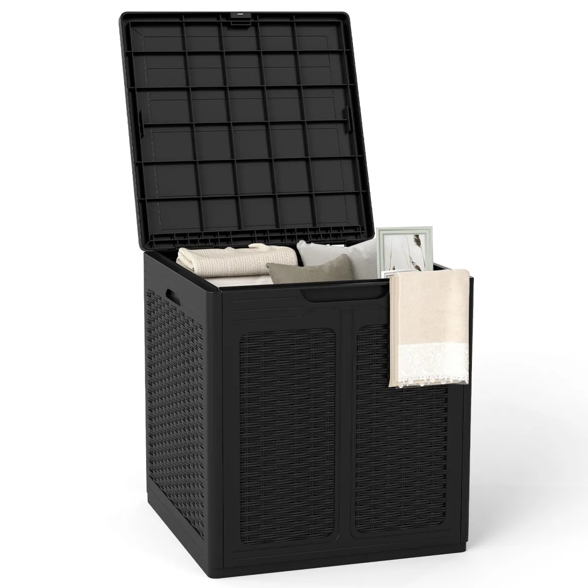 145 L Aufbewahrungsbox mit PP-Deckel & Rattanmuster Outdoor Aufbewahrungsbehälter Schwarz