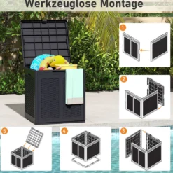 145 L Aufbewahrungsbox mit PP-Deckel & Rattanmuster Outdoor Aufbewahrungsbehälter Schwarz