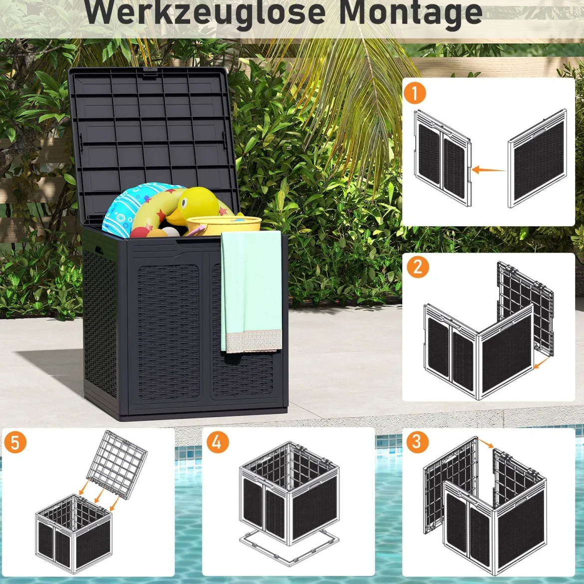 145 L Aufbewahrungsbox mit PP-Deckel & Rattanmuster Outdoor Aufbewahrungsbehälter Schwarz