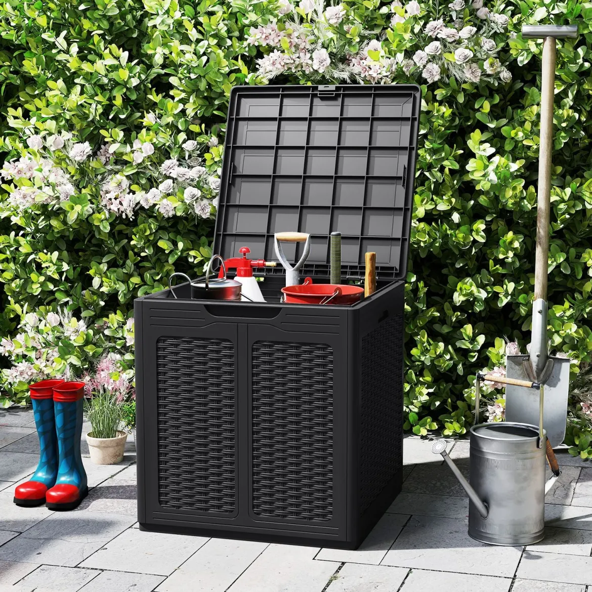 145 L Aufbewahrungsbox mit PP-Deckel & Rattanmuster Outdoor Aufbewahrungsbehälter Schwarz
