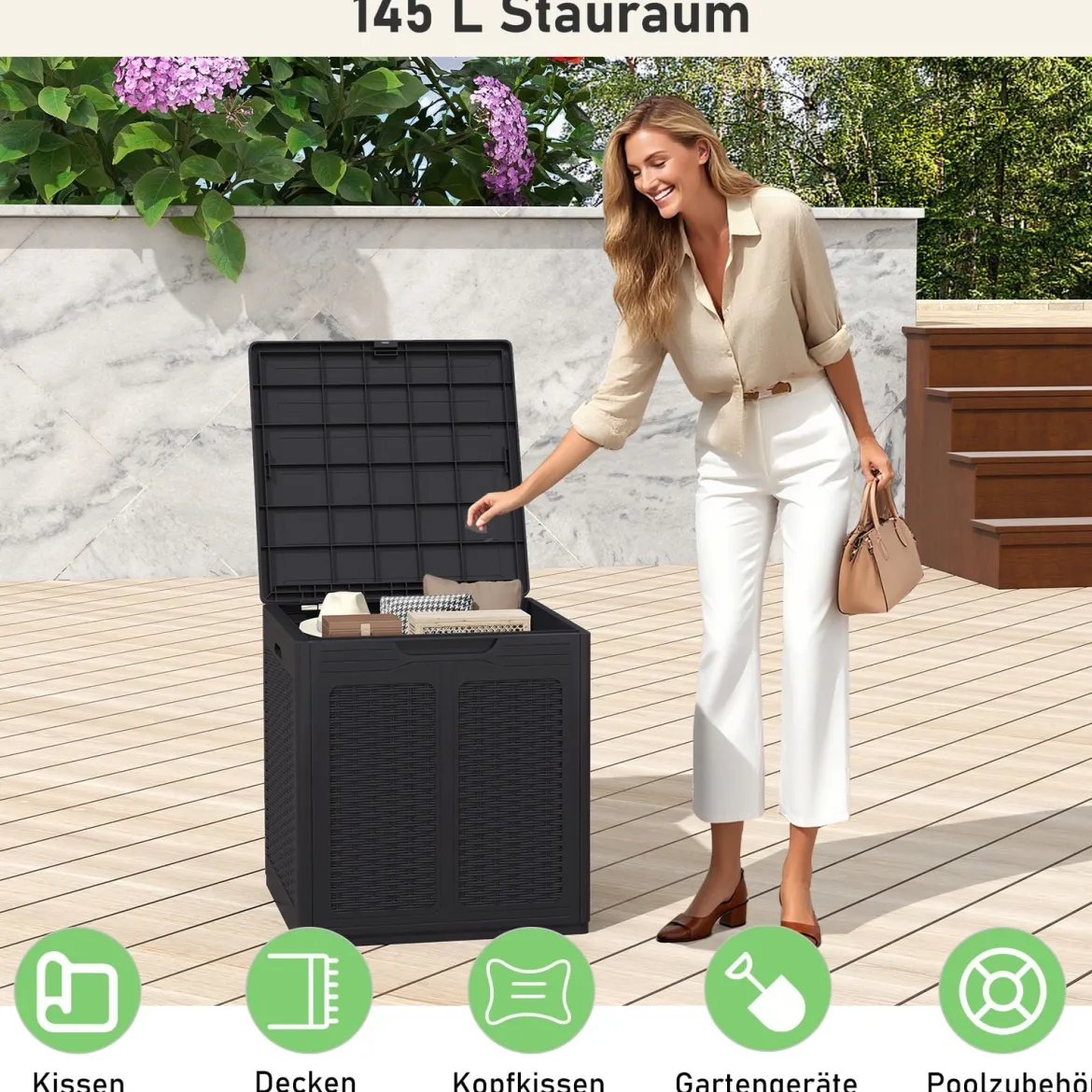 145 L Aufbewahrungsbox mit PP-Deckel & Rattanmuster Outdoor Aufbewahrungsbehälter Schwarz