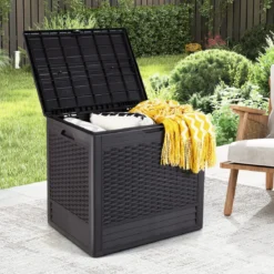 96 L Aufbewahrungsbox Outdoor Auflagenbox mit PP-Deck Rattanmustern & abschließbarem Deckel Braun