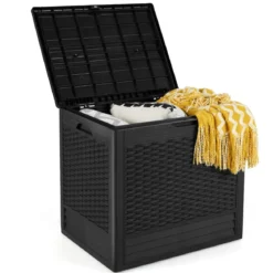 96 L Aufbewahrungsbox Outdoor Auflagenbox mit PP-Deck Rattanmustern & abschließbarem Deckel Schwarz