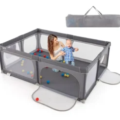 Laufgitter Baby Laufstall mit 50 Bällen & 2 Türen & Atmungsaktivem Netz Laufgitterzelt 205 x 147 cm Dunkelgrau