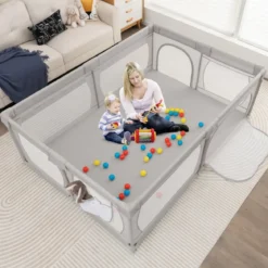 Laufgitter Baby Laufstall mit 50 Bällen & 2 Türen & Atmungsaktivem Netz Laufgitterzelt 205 x 147 cm Grau
