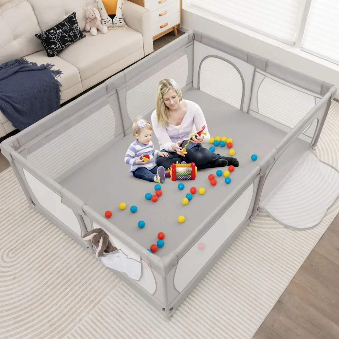 Laufgitter Baby Laufstall mit 50 Bällen & 2 Türen & Atmungsaktivem Netz Laufgitterzelt 205 x 147 cm Grau