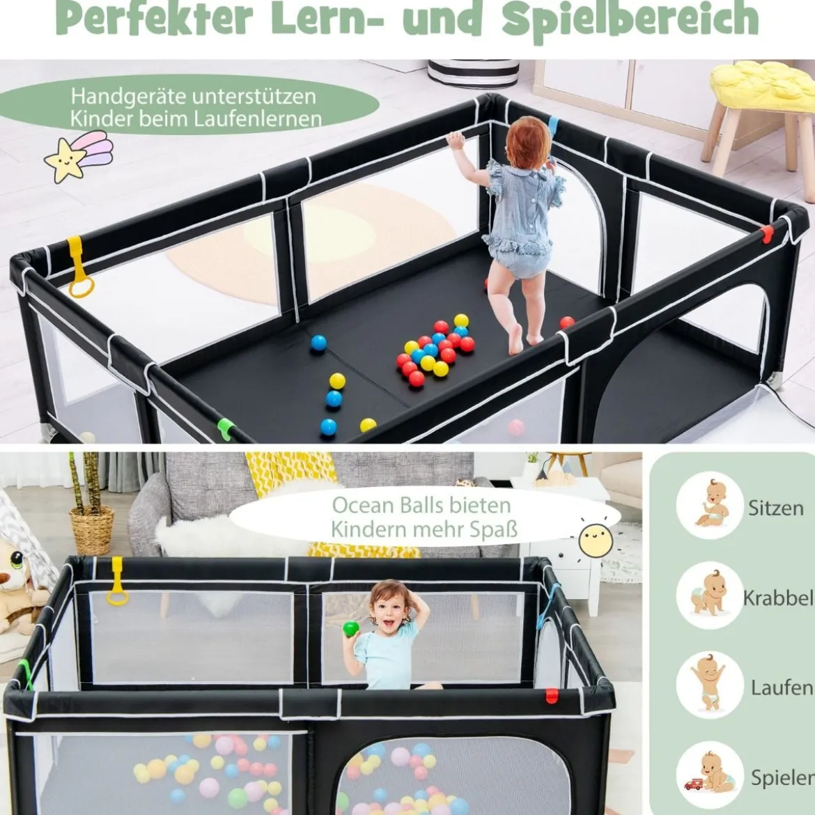 Laufgitterzaun Tragbarer Baby-Laufstall Spielbereich mit 50 Meeresbällen 205 x 147 x 68,5 cm