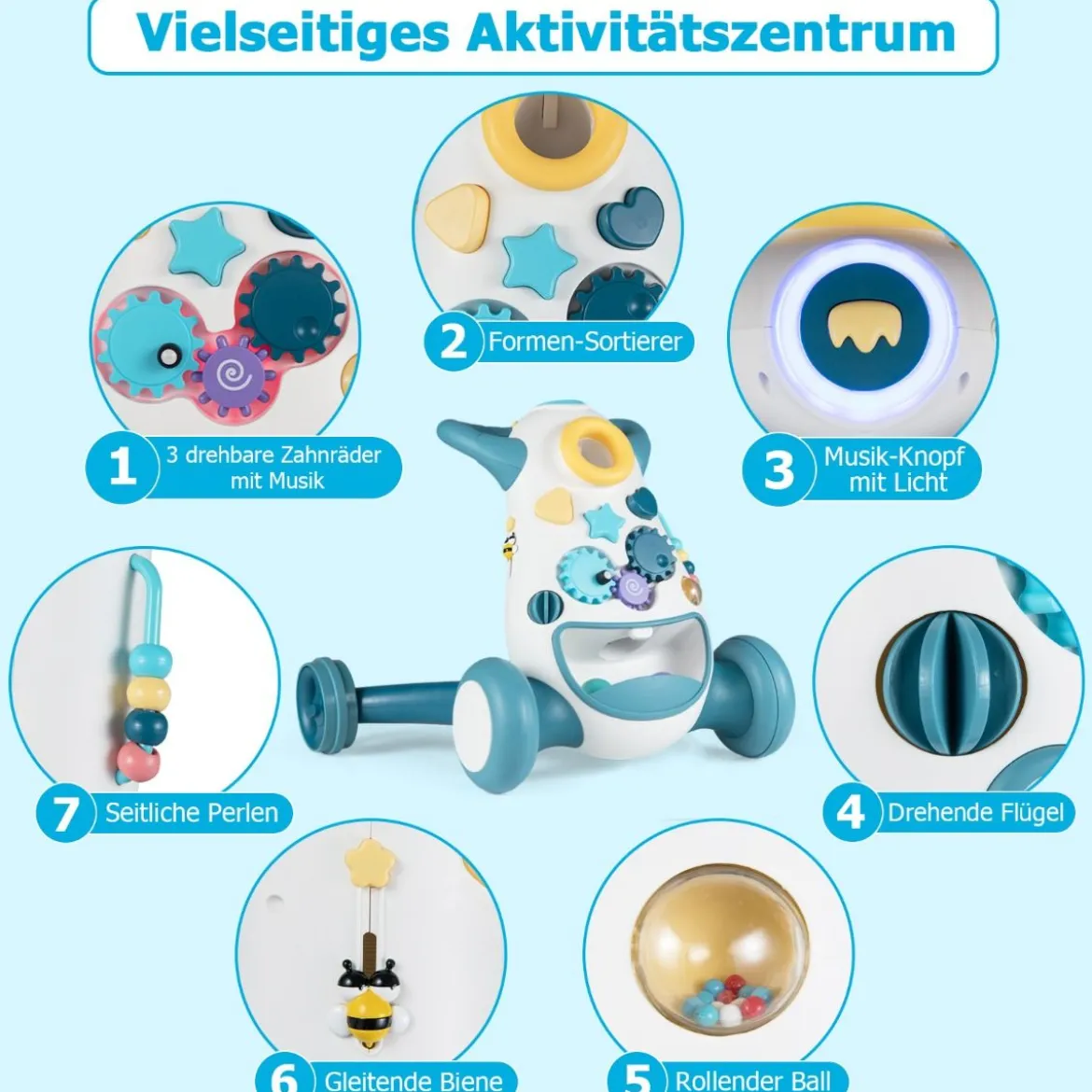 Lauflernwagen Baby Walker mit Musik & Licht Lauflernhilfe mit Formensortierer rotierende Zahnräder Blau