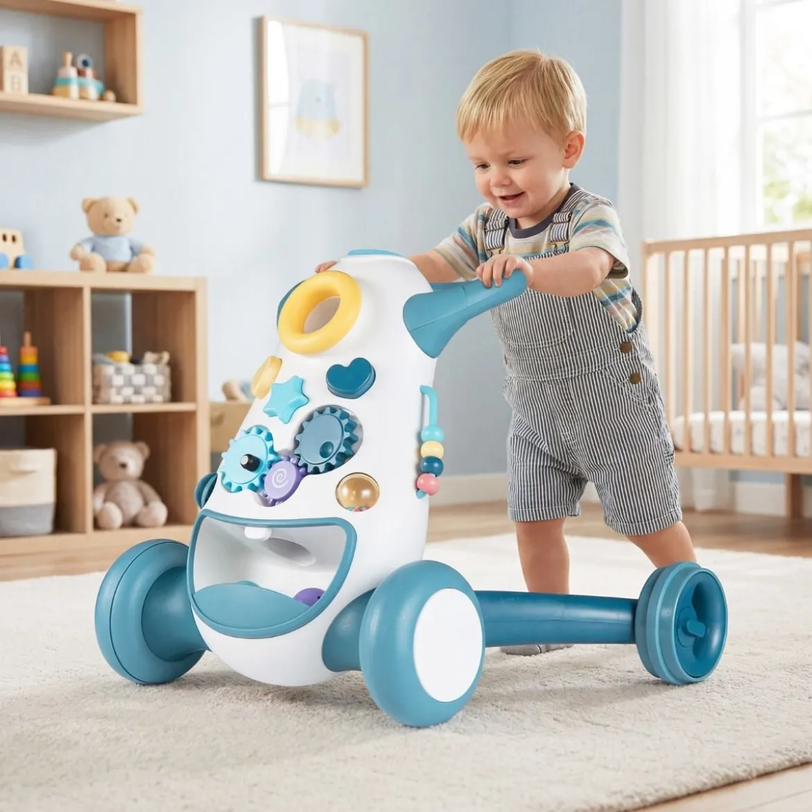 Lauflernwagen Baby Walker mit Musik & Licht Lauflernhilfe mit Formensortierer rotierende Zahnräder Blau