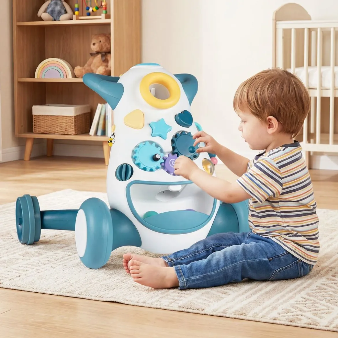 Lauflernwagen Baby Walker mit Musik & Licht Lauflernhilfe mit Formensortierer rotierende Zahnräder Blau