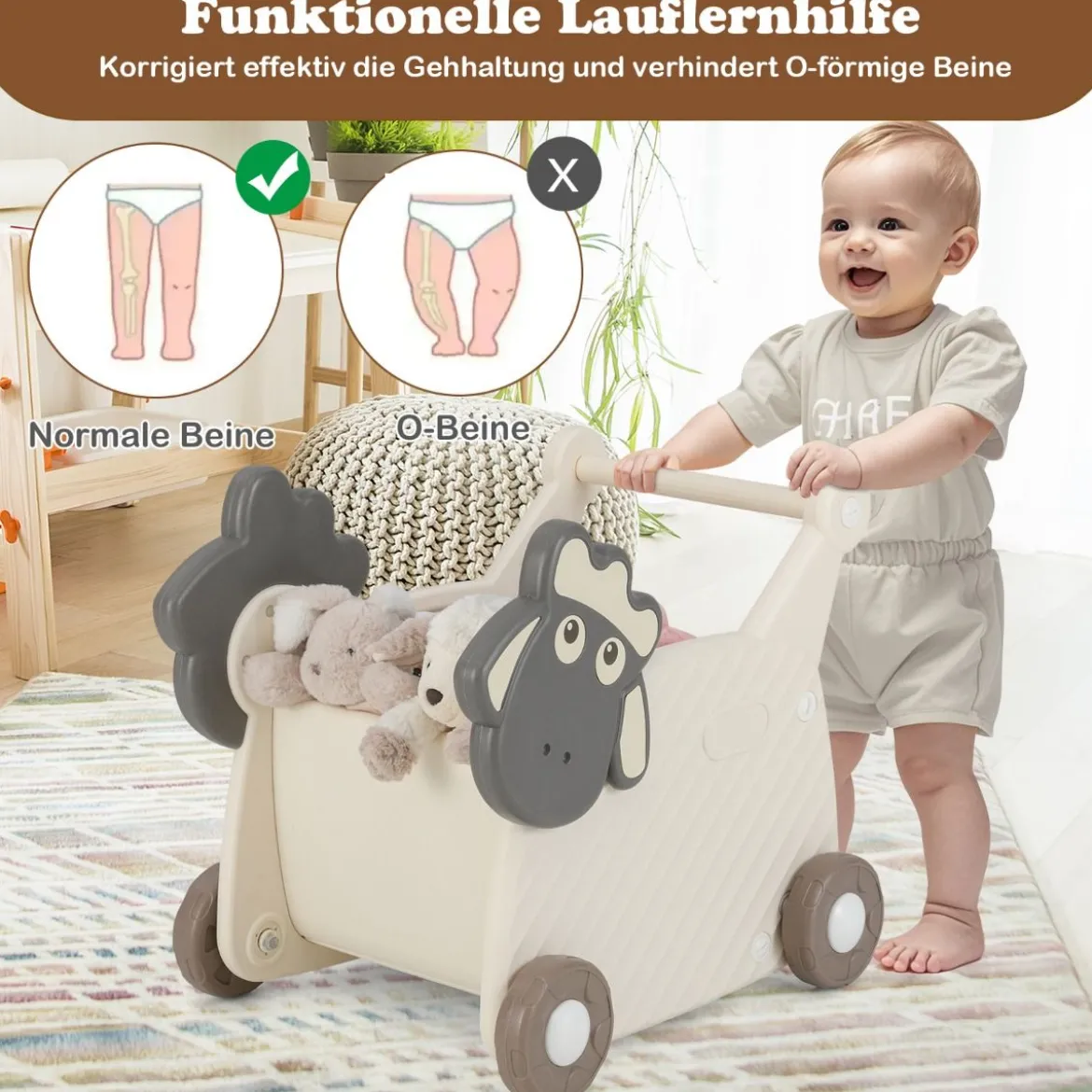 Lauflernwagen in Schafform zum Schieben & Ziehen mit 18 l Fassungsvermögen & 4 Rädern