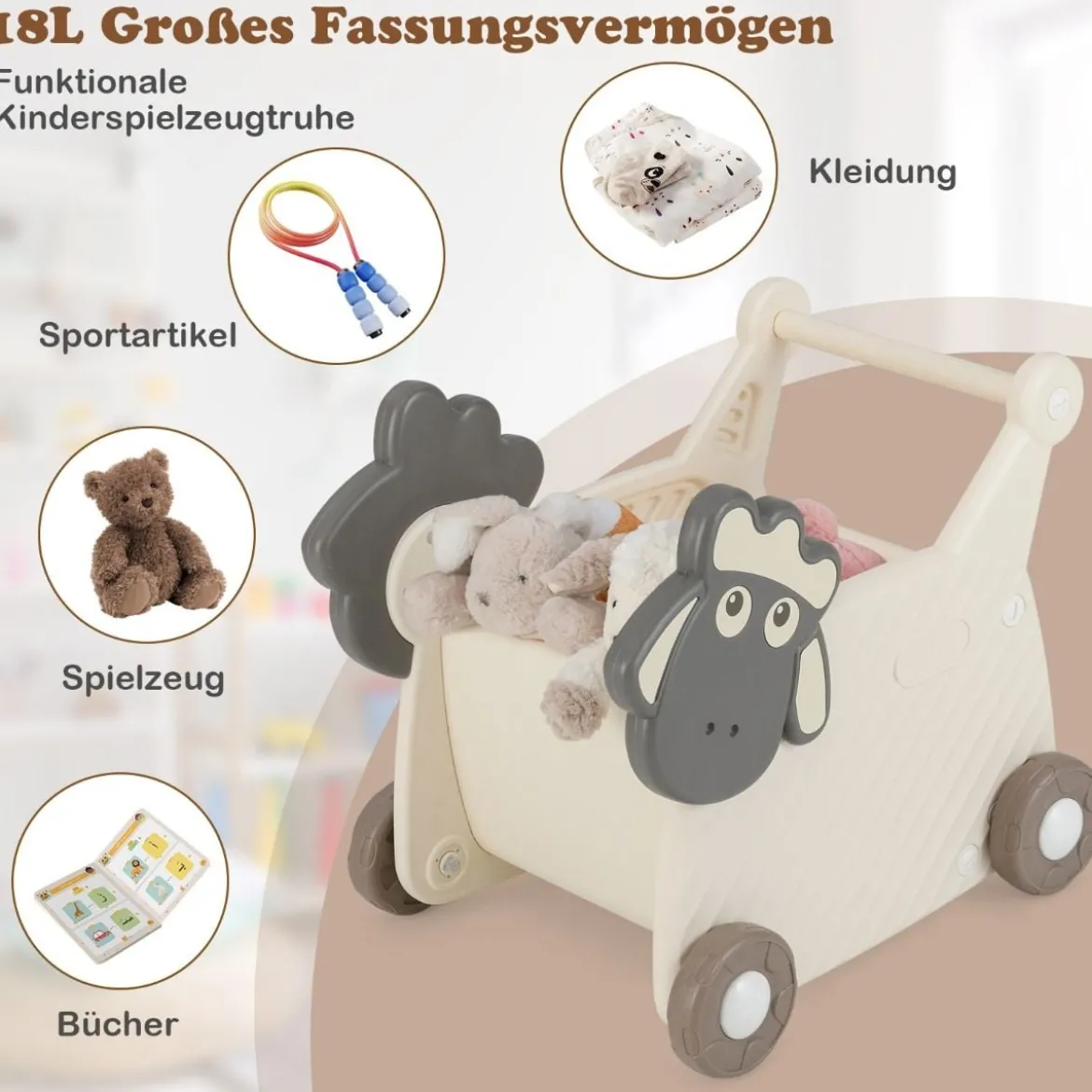 Lauflernwagen in Schafform zum Schieben & Ziehen mit 18 l Fassungsvermögen & 4 Rädern