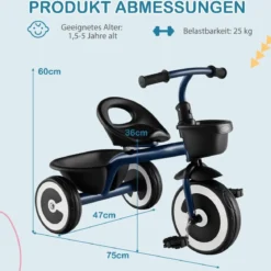 Laufrad Kinder Laufräder mit verstellbarem Sitz & 2 Körben vorne und hinten Blau/Rosa/Weiß