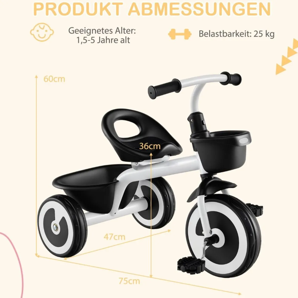 Laufrad Kinder Laufräder mit verstellbarem Sitz & 2 Körben vorne und hinten Blau/Rosa/Weiß