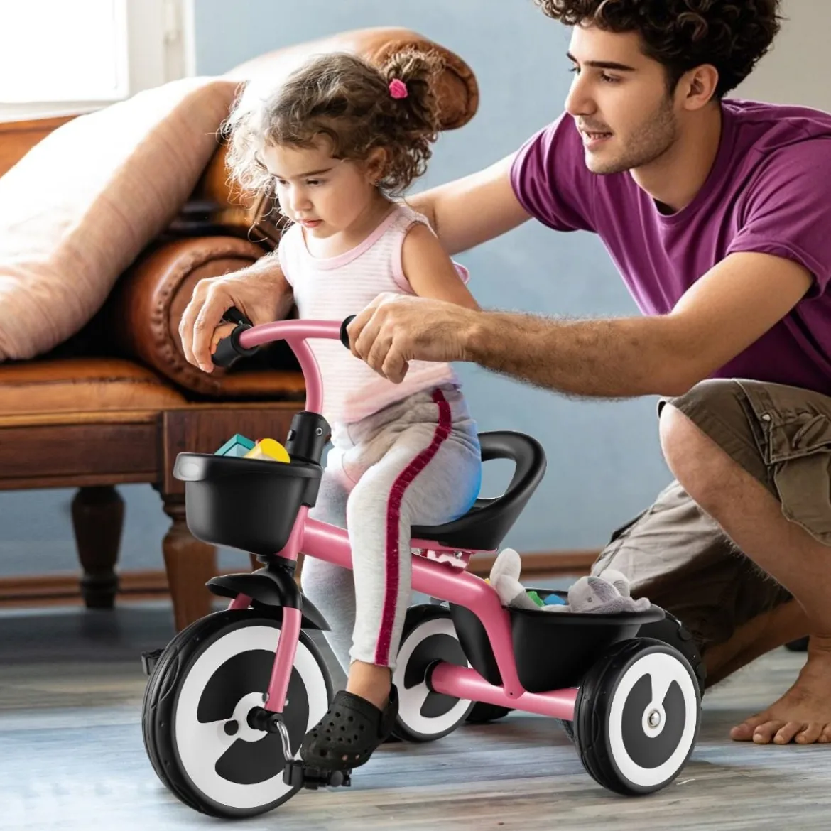 Laufrad Kinder Laufräder mit verstellbarem Sitz & 2 Körben vorne und hinten Blau/Rosa/Weiß