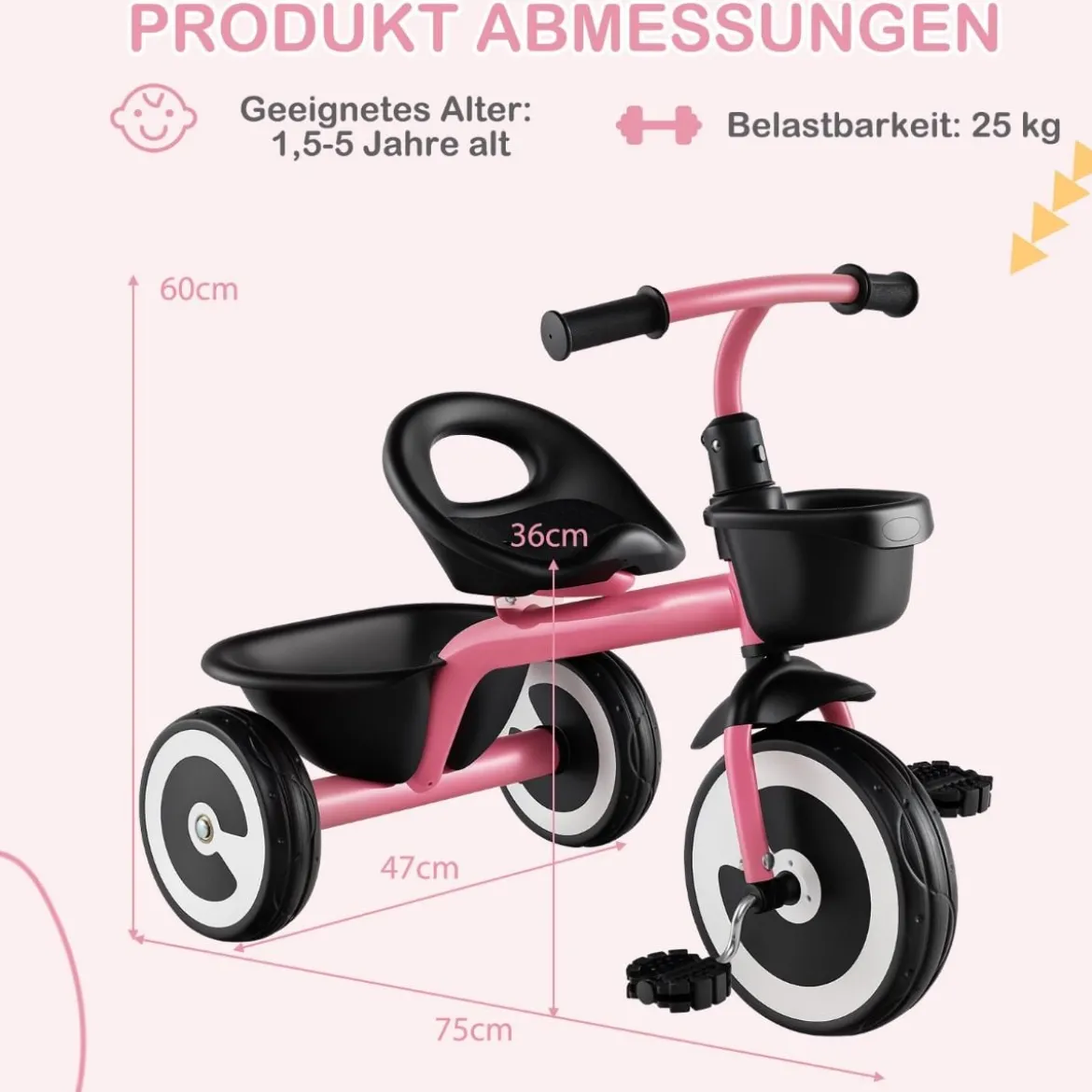 Laufrad Kinder Laufräder mit verstellbarem Sitz & 2 Körben vorne und hinten Blau/Rosa/Weiß