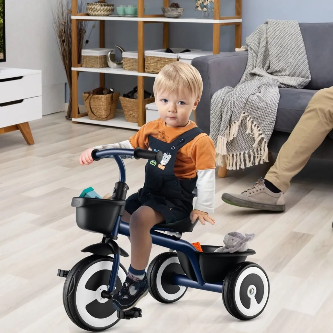 Laufrad Kinder Laufräder mit verstellbarem Sitz & 2 Körben vorne und hinten Blau/Rosa/Weiß