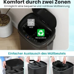 58 L Automatischer Mülleimer mit Sensor & Dual-Zonen Intelligenter Abfalleimer Schwarz