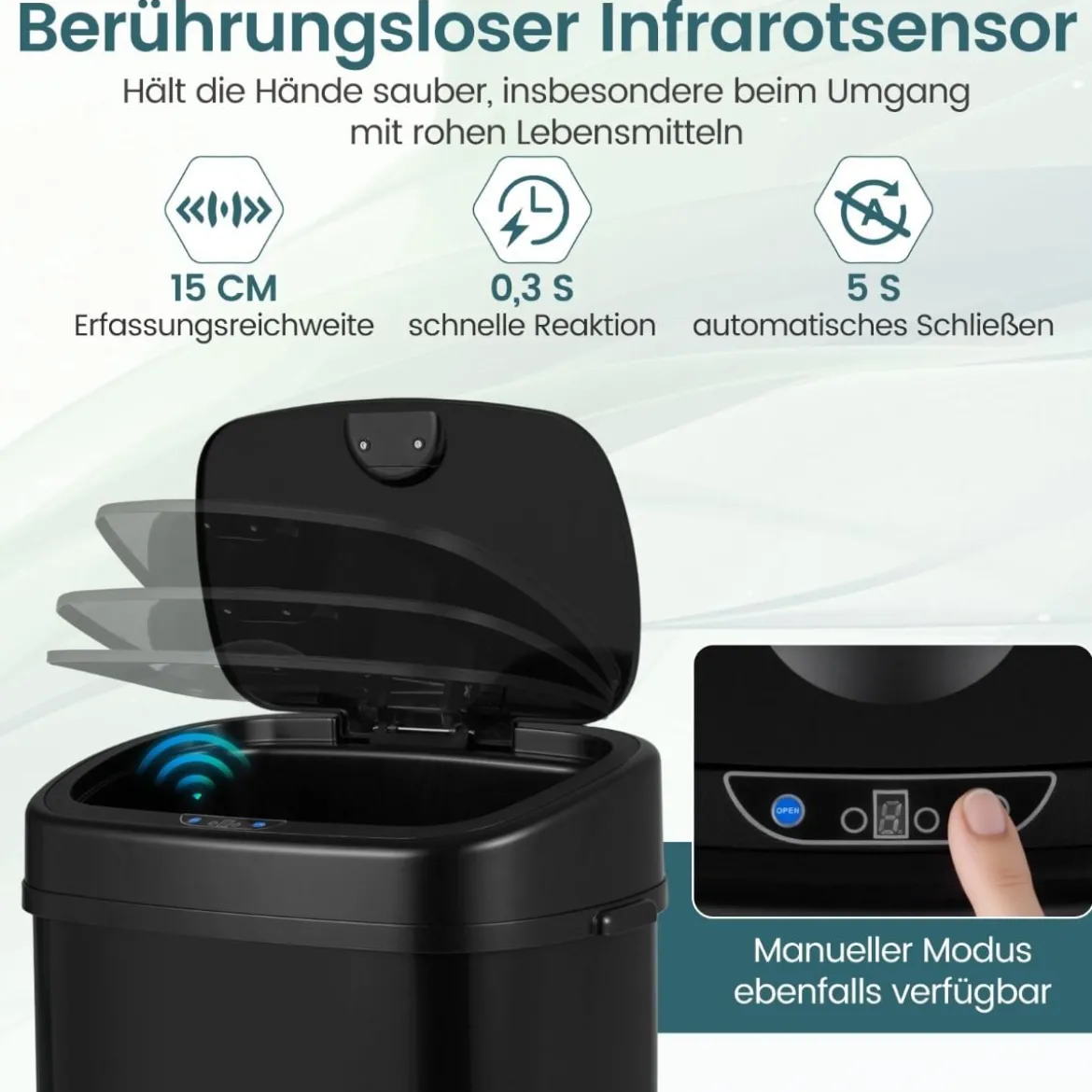 68 L Automatischer Mülleimer mit Sensor & Dual-Zonen Intelligenter Abfalleimer Schwarz