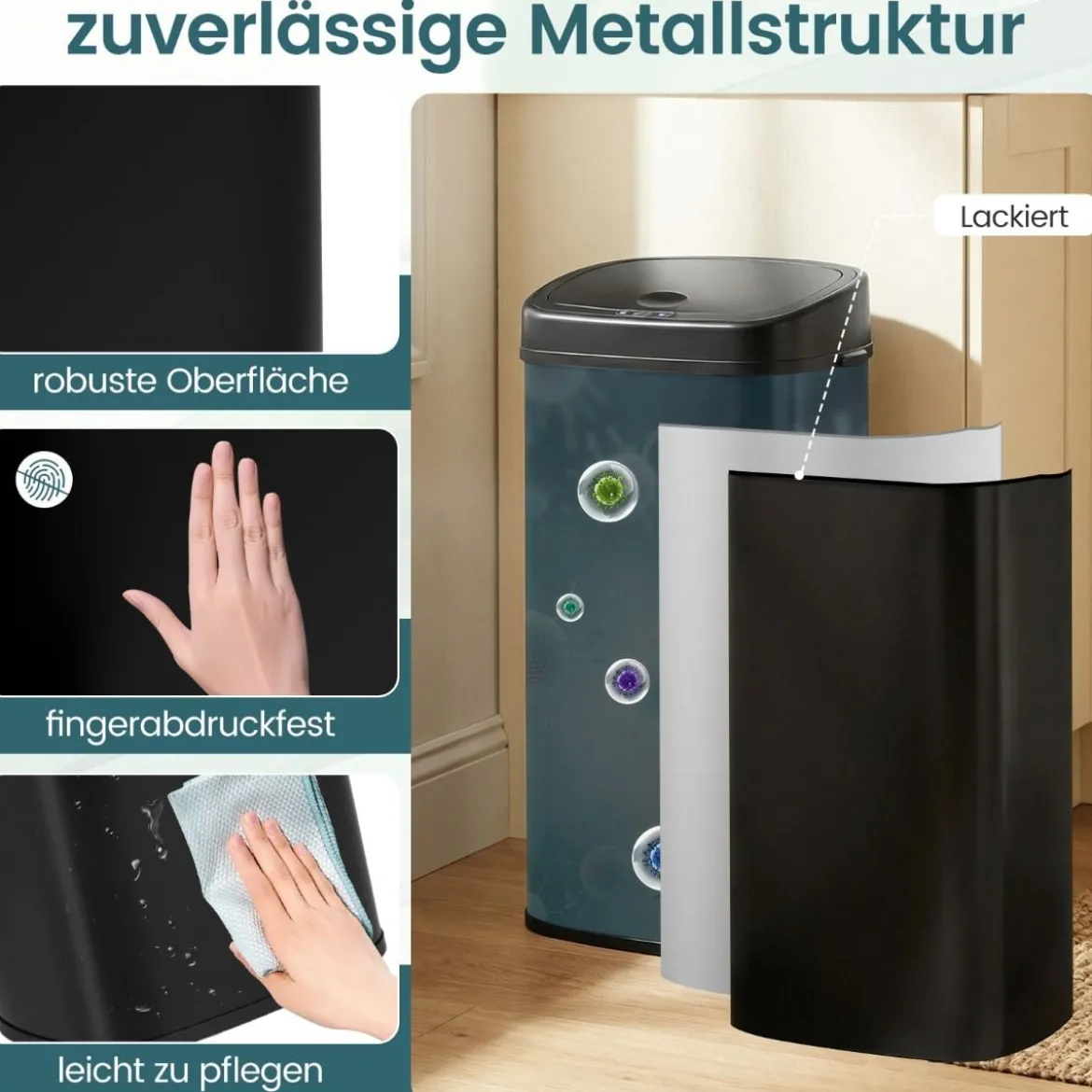 68 L Automatischer Mülleimer mit Sensor & Dual-Zonen Intelligenter Abfalleimer Schwarz
