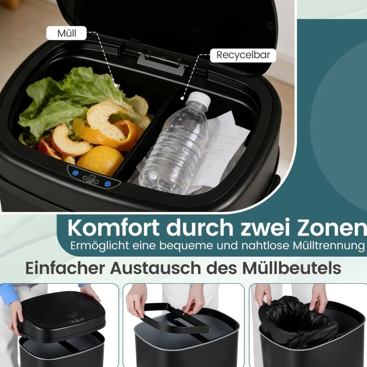 68 L Automatischer Mülleimer mit Sensor & Dual-Zonen Intelligenter Abfalleimer Schwarz