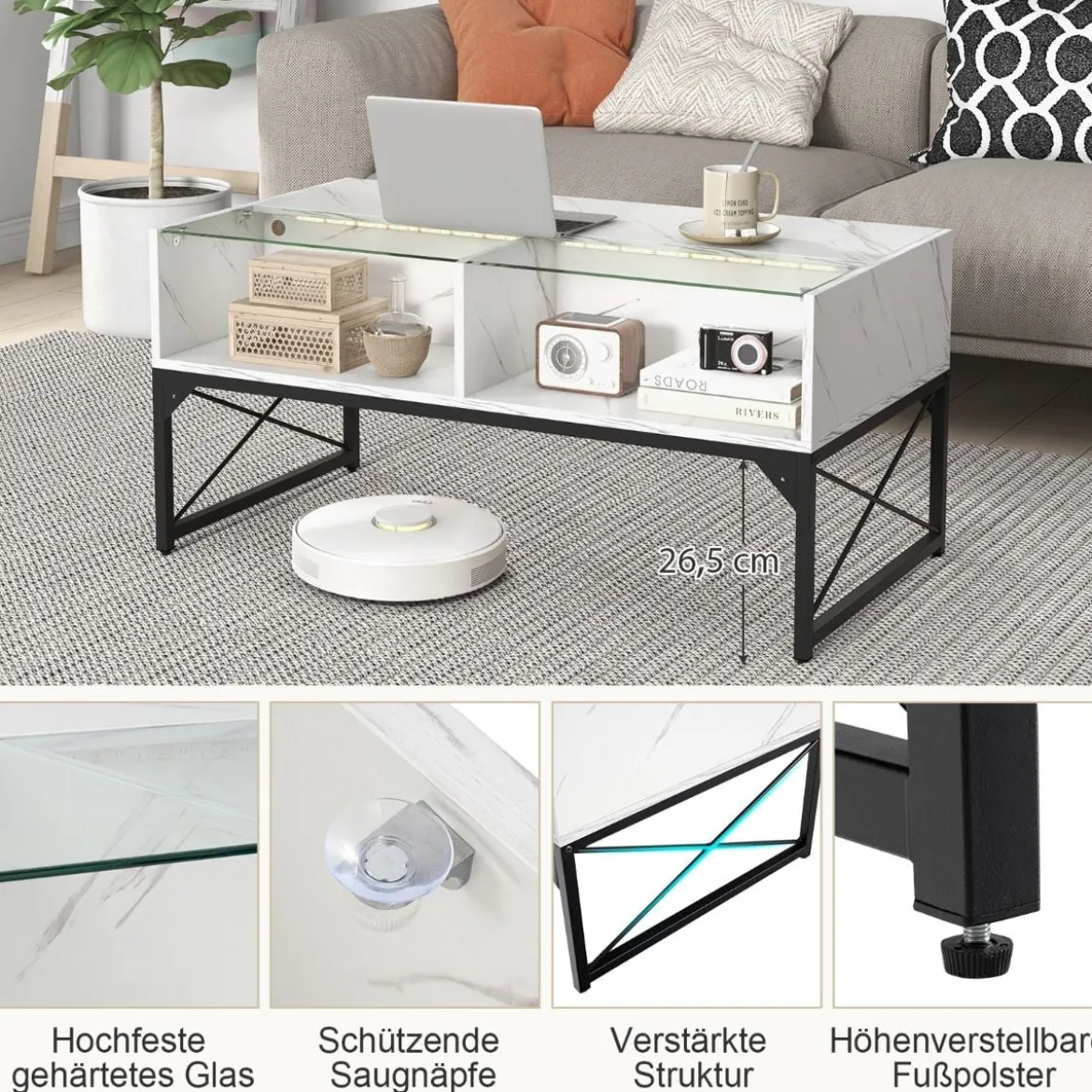 LED Couchtisch mit Marmor Optik & Einstellbaren Lichtfarben & Helligkeit Wohnzimmertisch