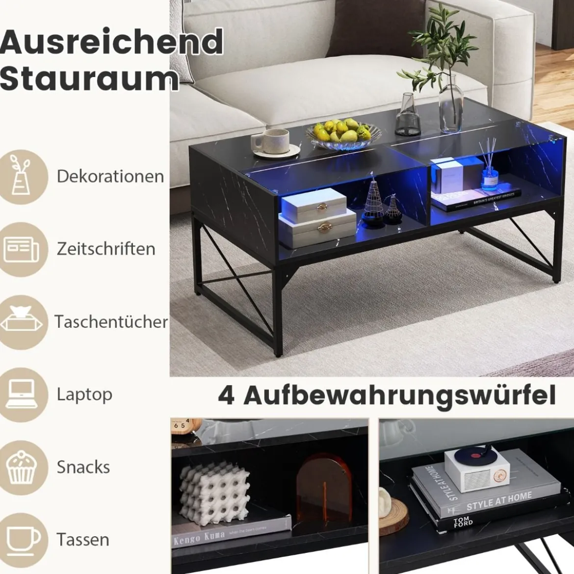 LED Couchtisch mit Marmor Optik & Einstellbaren Lichtfarben & Helligkeit Wohnzimmertisch