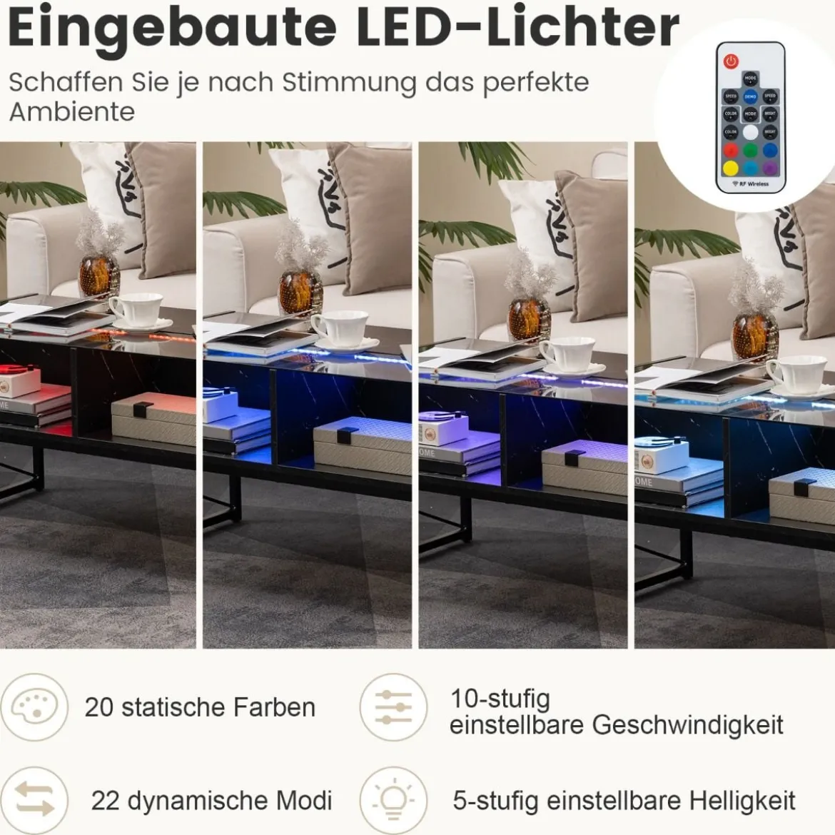 LED Couchtisch mit Marmor Optik & Einstellbaren Lichtfarben & Helligkeit Wohnzimmertisch