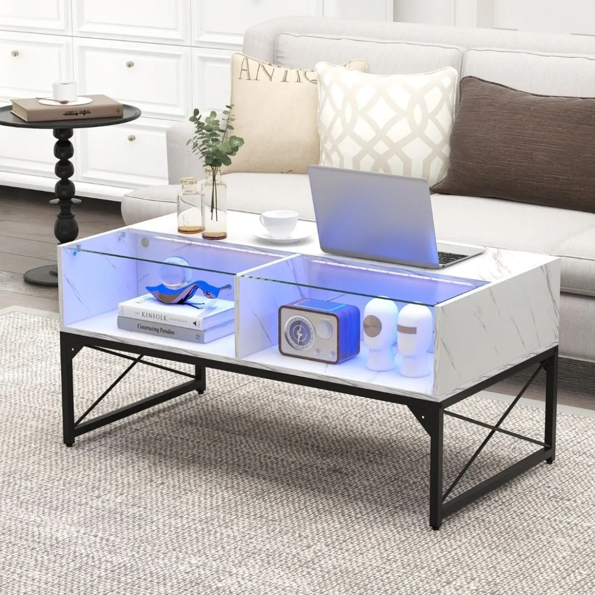 LED Couchtisch mit Marmor Optik & Einstellbaren Lichtfarben & Helligkeit Wohnzimmertisch