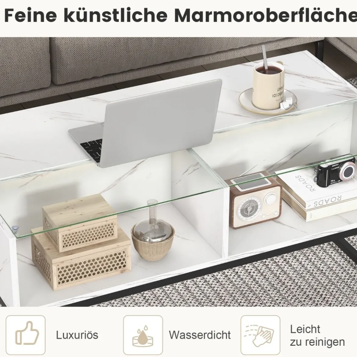 LED Couchtisch mit Marmor Optik & Einstellbaren Lichtfarben & Helligkeit Wohnzimmertisch