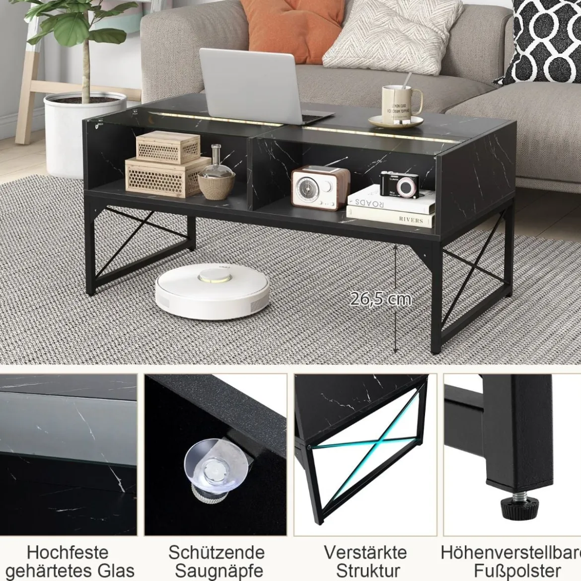 LED Couchtisch mit Marmor Optik & Einstellbaren Lichtfarben & Helligkeit Wohnzimmertisch