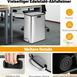46L Edelstahl-Abfalleimer mit Soft-Closing-Schwingdeckeln & Inneneimer Schlanker Trittabfalleimer