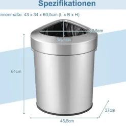60L Edelstahl-Eckmülleimer mit Deckel & Rutschfester Unterseite Platzsparender Müllbehälter Silber