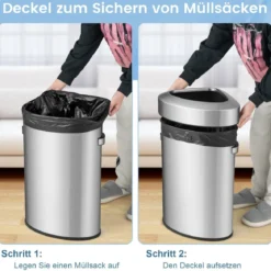 60L Edelstahl-Eckmülleimer mit Deckel & Rutschfester Unterseite Platzsparender Müllbehälter Silber