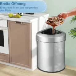 60L Edelstahl-Eckmülleimer mit Deckel & Rutschfester Unterseite Platzsparender Müllbehälter Silber