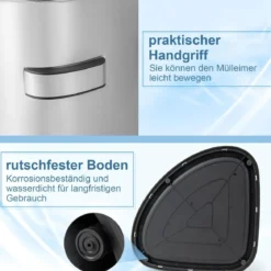 60L Edelstahl-Eckmülleimer mit Deckel & Rutschfester Unterseite Platzsparender Müllbehälter Silber