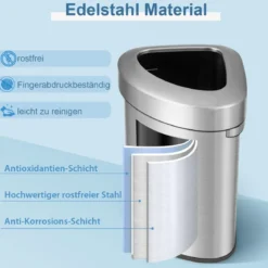 60L Edelstahl-Eckmülleimer mit Deckel & Rutschfester Unterseite Platzsparender Müllbehälter Silber
