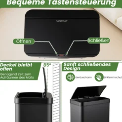 56L Edelstahl Mülleimer mit Bewegungssensor & 2 Abfallbehältern & Soft-Close-Abdeckung Abfalleimer Schwarz