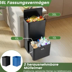 56L Edelstahl Mülleimer mit Bewegungssensor & 2 Abfallbehältern & Soft-Close-Abdeckung Abfalleimer Schwarz
