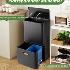 56L Edelstahl Mülleimer mit Bewegungssensor & 2 Abfallbehältern & Soft-Close-Abdeckung Abfalleimer Schwarz