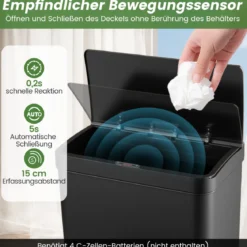 56L Edelstahl Mülleimer mit Bewegungssensor & 2 Abfallbehältern & Soft-Close-Abdeckung Abfalleimer Schwarz